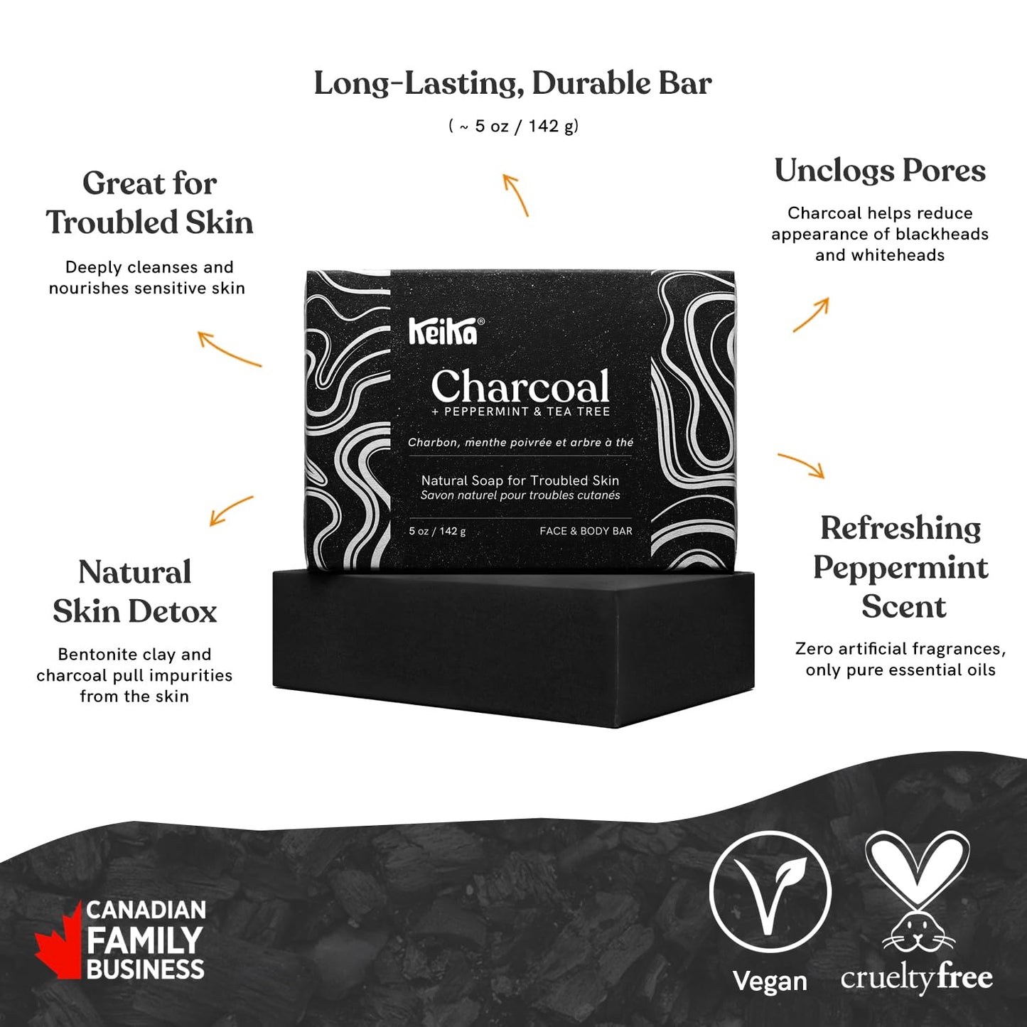 Keika Charcoal Black Soap Bar for Eczema, Psoriasis, Face, Body, Men Women Teens with Oily Skin, 5 oz. (Charcoal, 4-Pack)