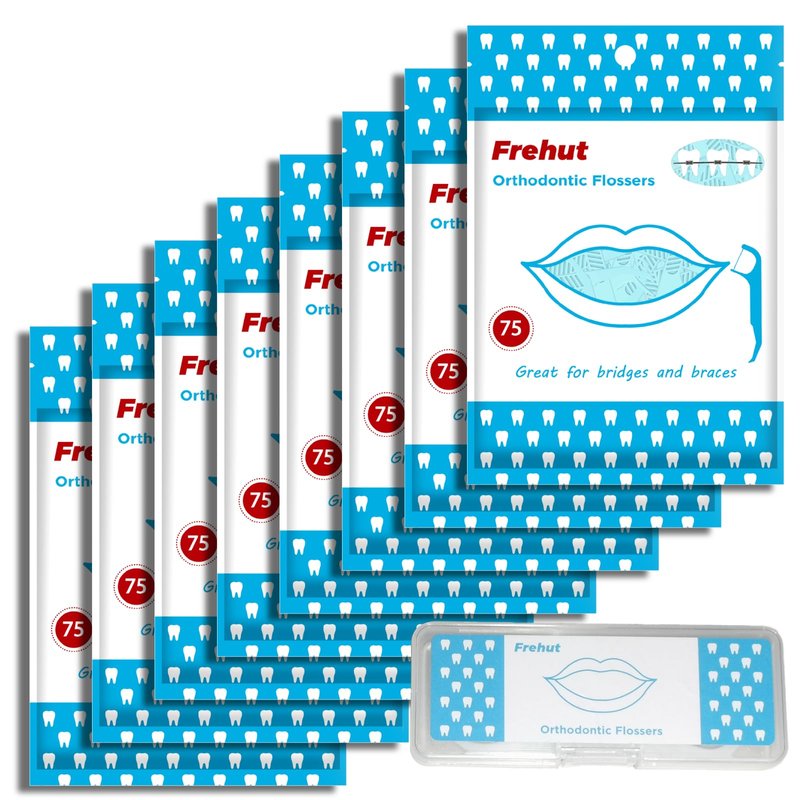 Frehut 600 Count Orthodontic Flossers for Braces - Ortho Dental Floss Picks, 75 Count (Pack of 8), with a Travel Case