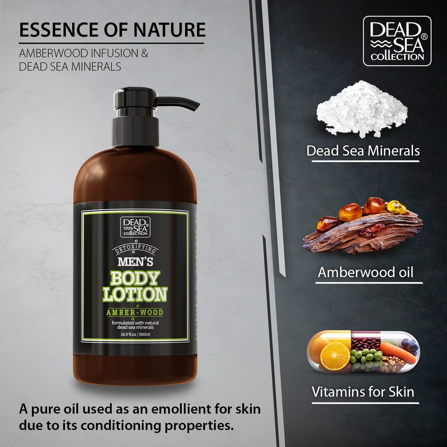 Dead Sea Collection Amberwood Men's Body Lotion - Amberwood Oil and Dead Sea Minerals - Maximum Hydration Nourishing Moisturizing Lotion for Men - 16.9 Fl Oz Bottle