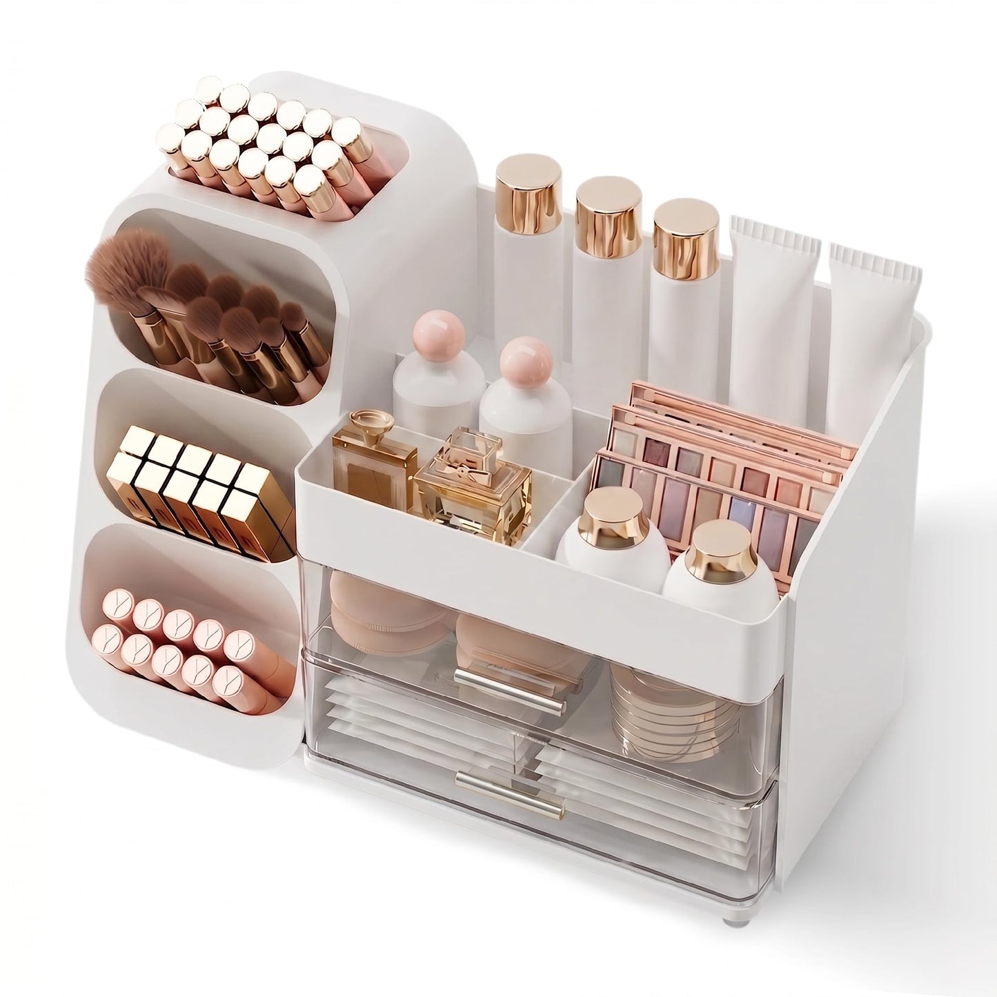 Booklov Makeup Organizer for Vanity, Large Capacity Cosmetic Display Case with Clear Acrylic Drawer, Countertop Beauty Storage Holder for Skincare, Brush Eyeshadow Lipstick Counter Desk, Crystal White