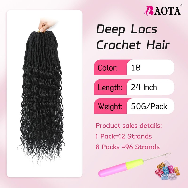 24 Inch Deep Faux Locs Crochet Hair Goddess Locs Crochet Hair for Women Faux Locs Crochet with Curly Ends Pre Looped Deep Wave Soft Locs Synthetic Hair Extension 8 Packs Black Color