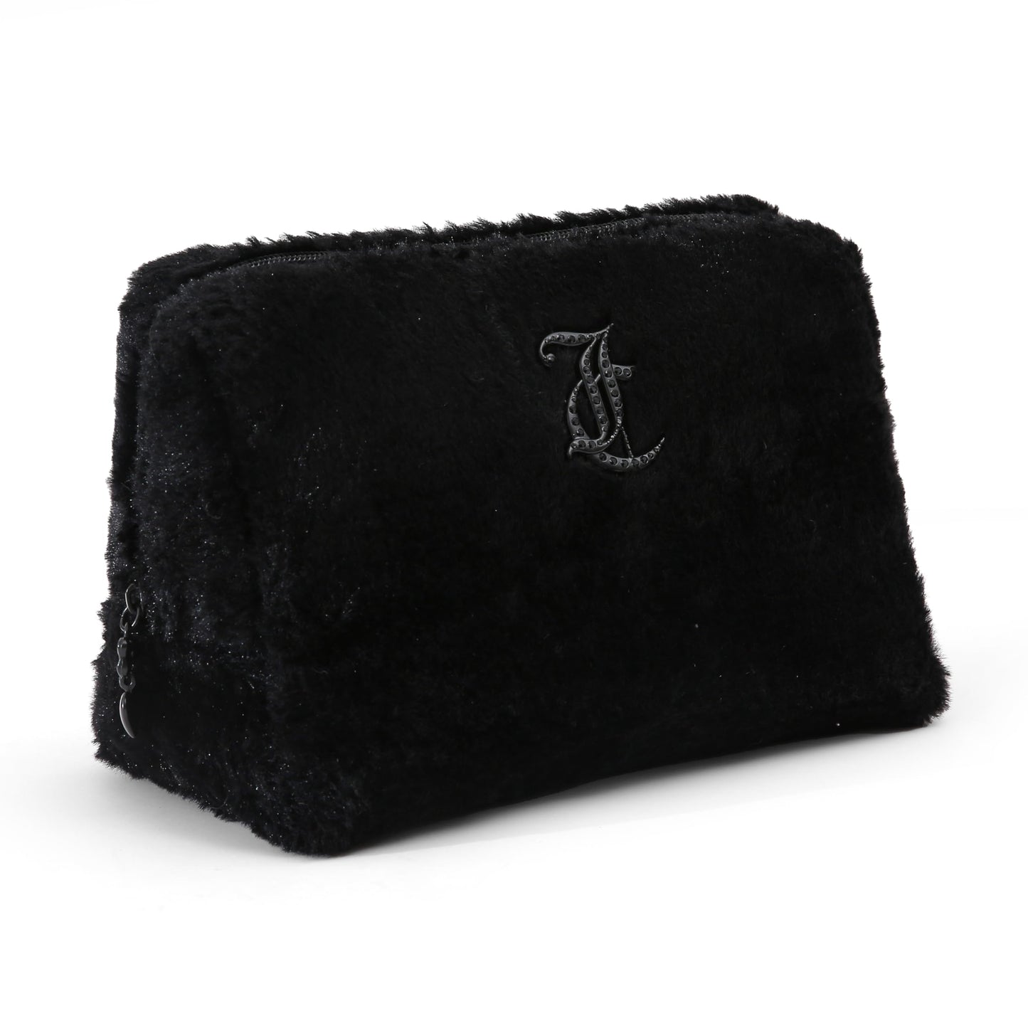 Juicy Couture Black Makeup Bag Cosmetics Organizer Travel Essentials Zip Top Wedge Faux Fur Rhinestone