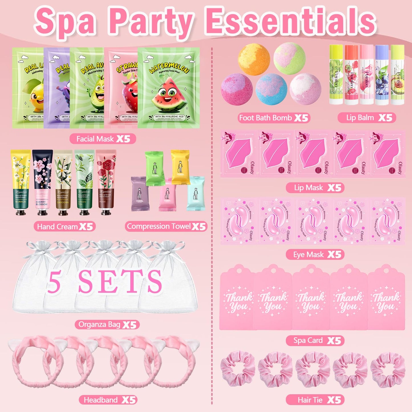 55PCS Spa Party Supplies for Girls, Spa Party Favors Face Masks, Hand Cream, Lip Balm, Lip Mask, Under Eye Patches, Foot Bath Bombs, Spa Birthday Sleepover Party Supplies, Spa Gifts for Women