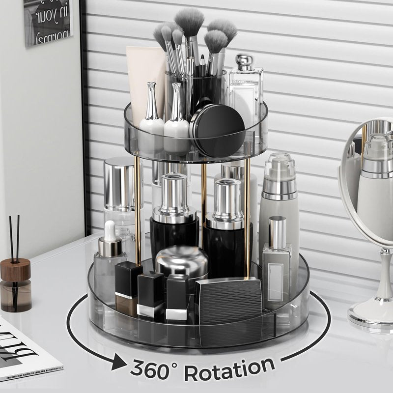 2 tier Makeup Organizer Countertop,360 Rotating Makeup Organizer for Skincare, Lipstick and Perfumes,Multi-function Cosmetic Display Cases for Vanity,Bathroom,Grey