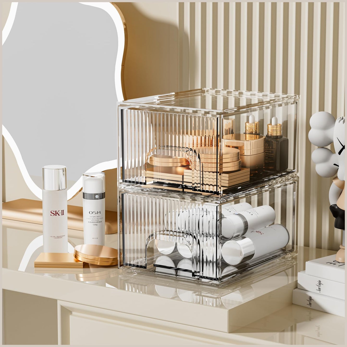 ZHIAI Stackable Storage Drawer, 2 Piece Acrylic Organiser for Cosmetics and Beauty Products, Suitable for Dressers, Bathrooms, Cabinets, Storage Rooms, Bedrooms and Home Organisers