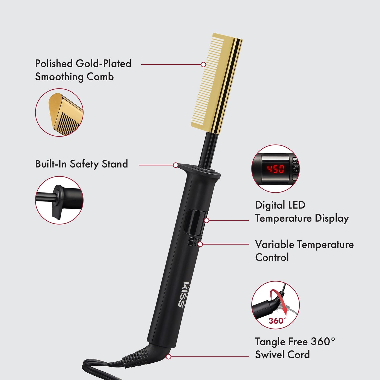 KISS Professional Pressing Comb with Polished Gold Smoothing Comb, Safety Stand, Digital LED Temperature Display, & Tangle Free 360° Swivel Cord