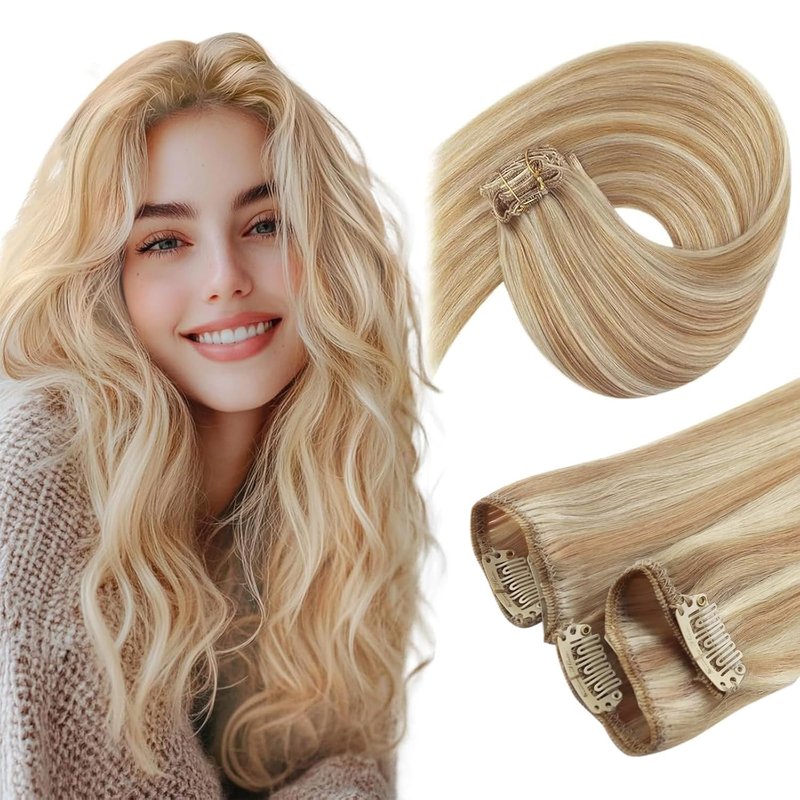 Human Hair Clip-In Extensions - Dirty Blonde & Platinum Highlights | 12 Inch, 5 Pcs, 80G