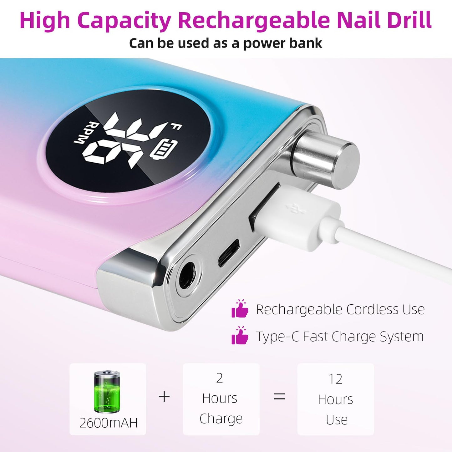 Electric Nail Drill Professional:40000RPM Electric Nail Drill Machine,Rechargeable Nail Efile for Acrylic Gel Nails, Manicure Pedicure Polishing Shape Tools for Salon Home Use