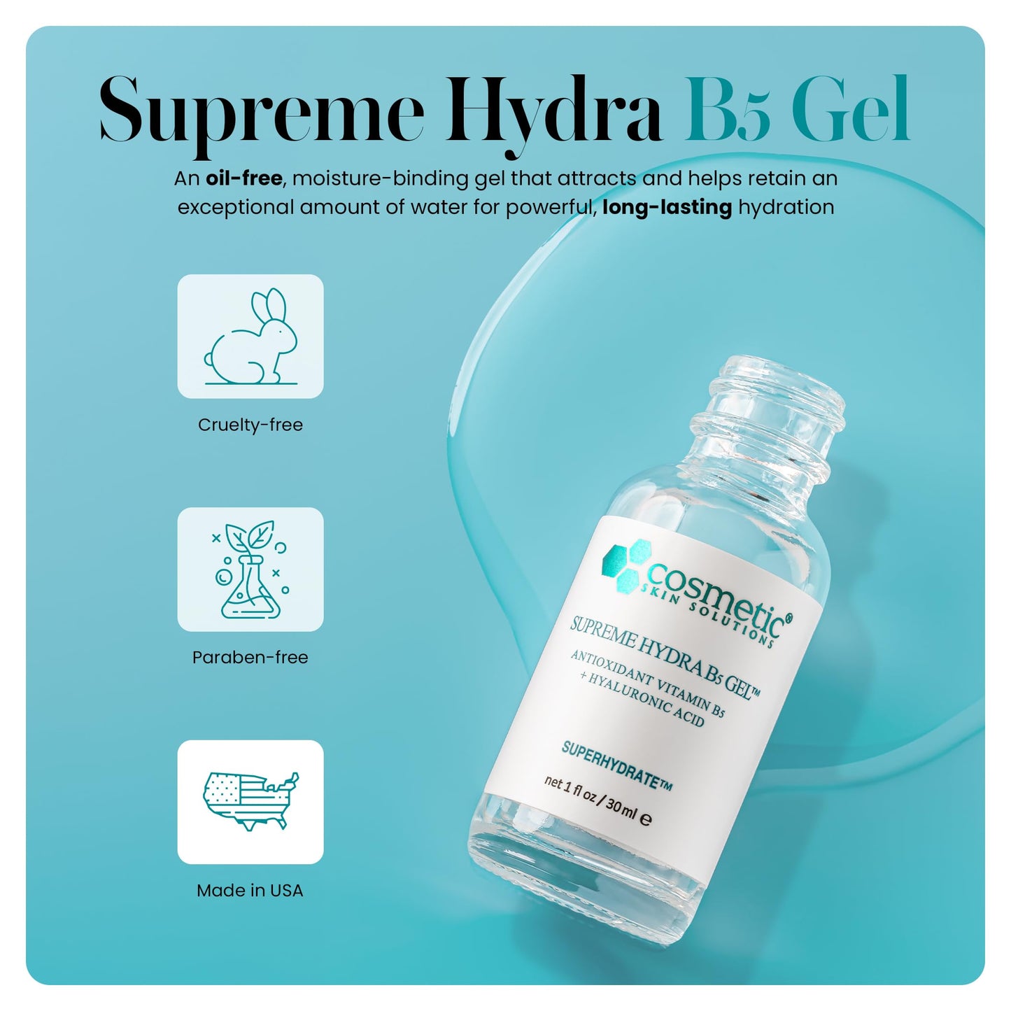 Supreme Hydra B5 Gel for Face, Deeply Moisturizing Vitamin B5 & Hyaluronic Acid Gel, Oil-Free Hydrating Moisturizer for Smooth, Plump Skin – 1 fl oz