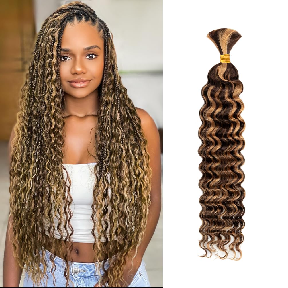 "Human Braiding Hair, 1 Bundle 50g 18 Inch Boho Braids Human Hair 13A Deep Wave Bulk Brazilian Virgin No Weft Wavy Hair Extension for Boho Knotless Balayage Brown to Blonde"