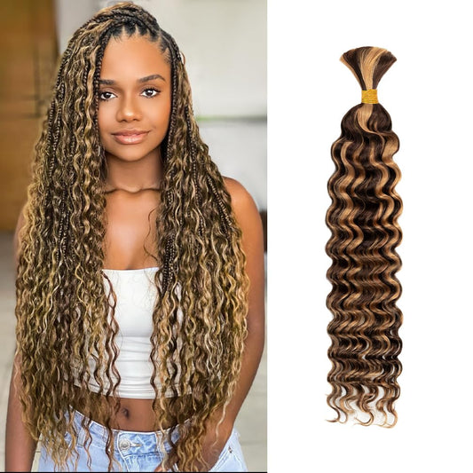"Human Braiding Hair, 1 Bundle 50g 18 Inch Boho Braids Human Hair 13A Deep Wave Bulk Brazilian Virgin No Weft Wavy Hair Extension for Boho Knotless Balayage Brown to Blonde"
