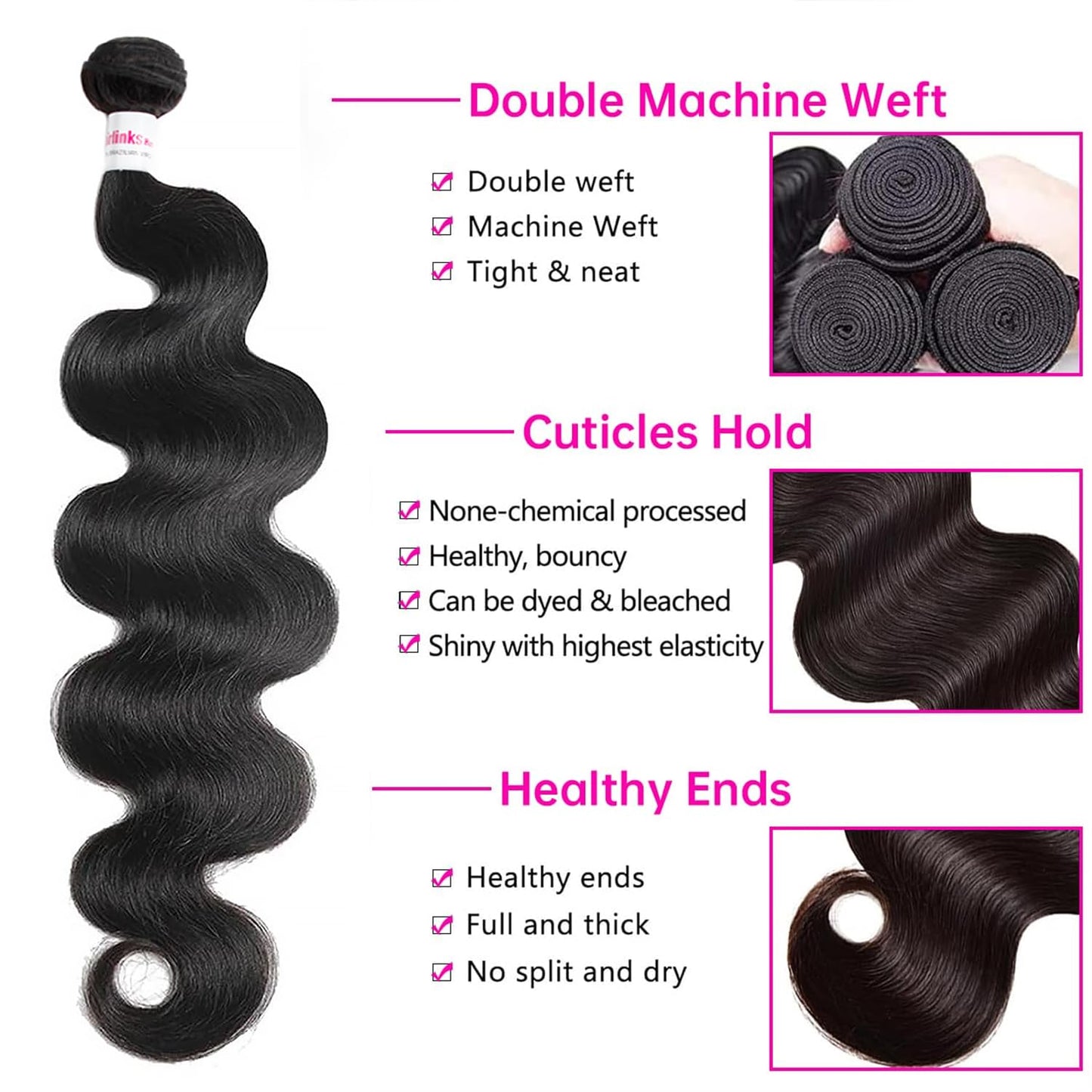 XEILOHO 12A Body Wave Bundles Human Hair 24 inch Brazilian Virgin Human Hair Bundles 100% Unprocessed Body Wave Weft Extensions Quick Weave Natural Black (24inch 100g)