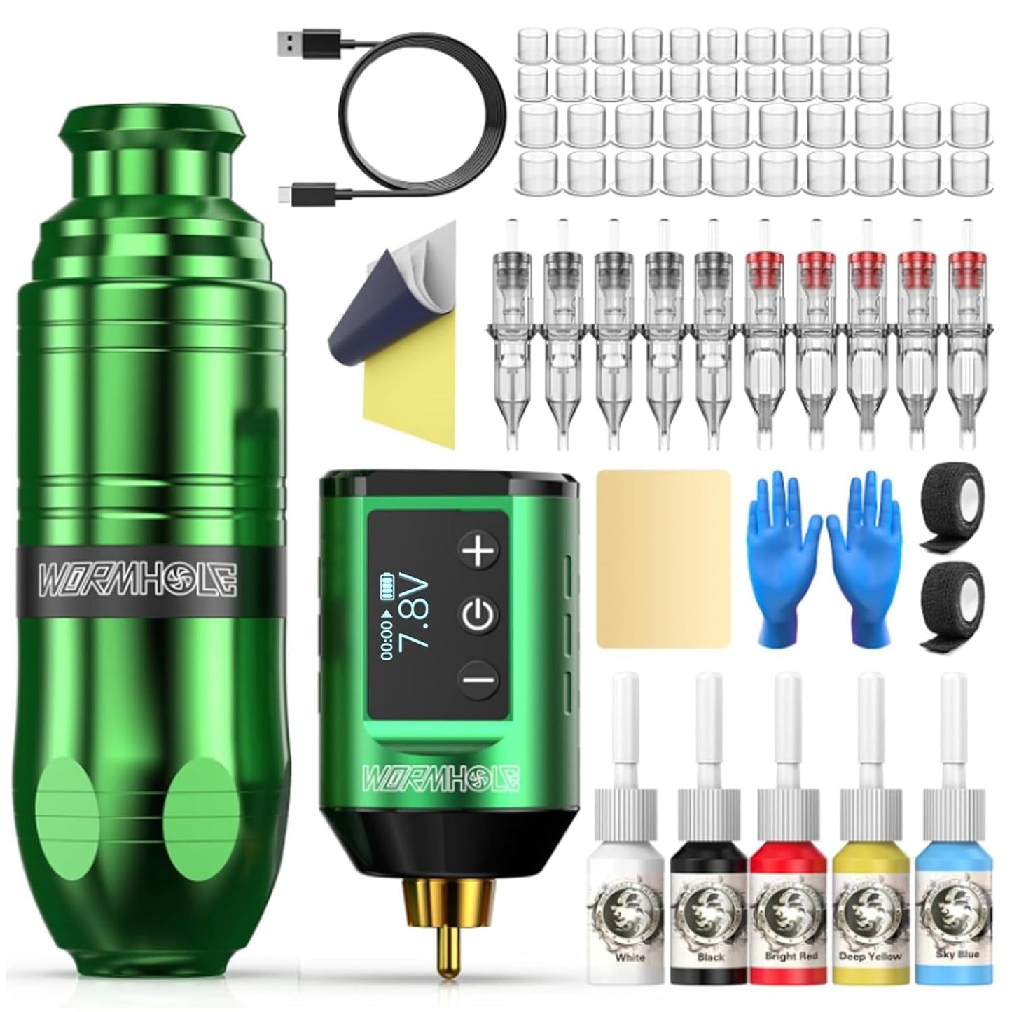 Wormhole Wireless Tattoo Practice Machine Kit Tattoo Pen Kit Complete Tattoo Kit Rechargeable Cordless Tattoo Power Supply Portable 1500mAh for Tattooist WTK261