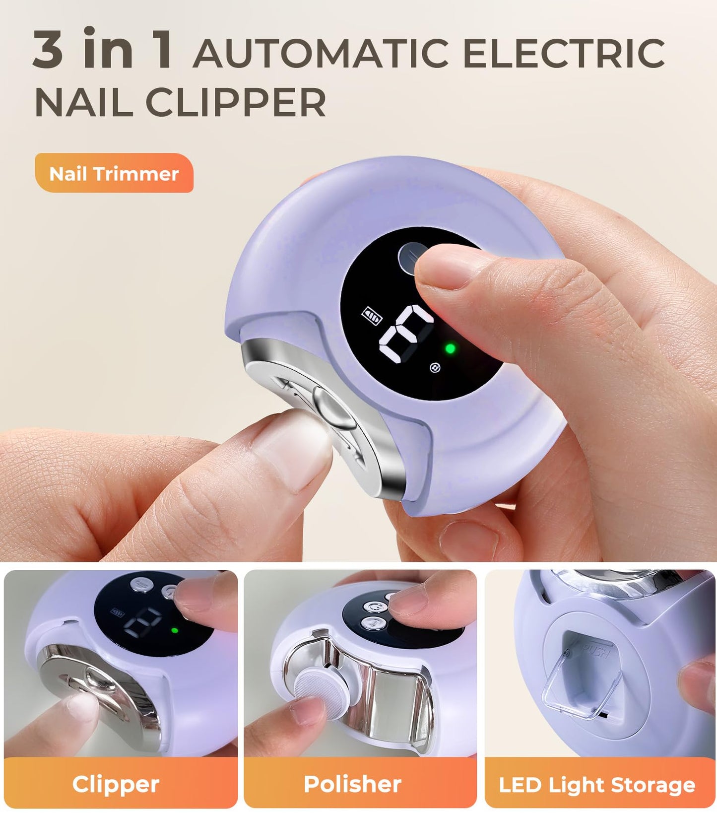 2025 New 3-in-1 Electric Fingernail Clippers,360° Rotation, 3-Speeds, Polishing Automatic Nail Trimmer with Nail Chip Storage & LED Light, Rechargeable Safety Trimmer for Women, Men, Baby, Seniors