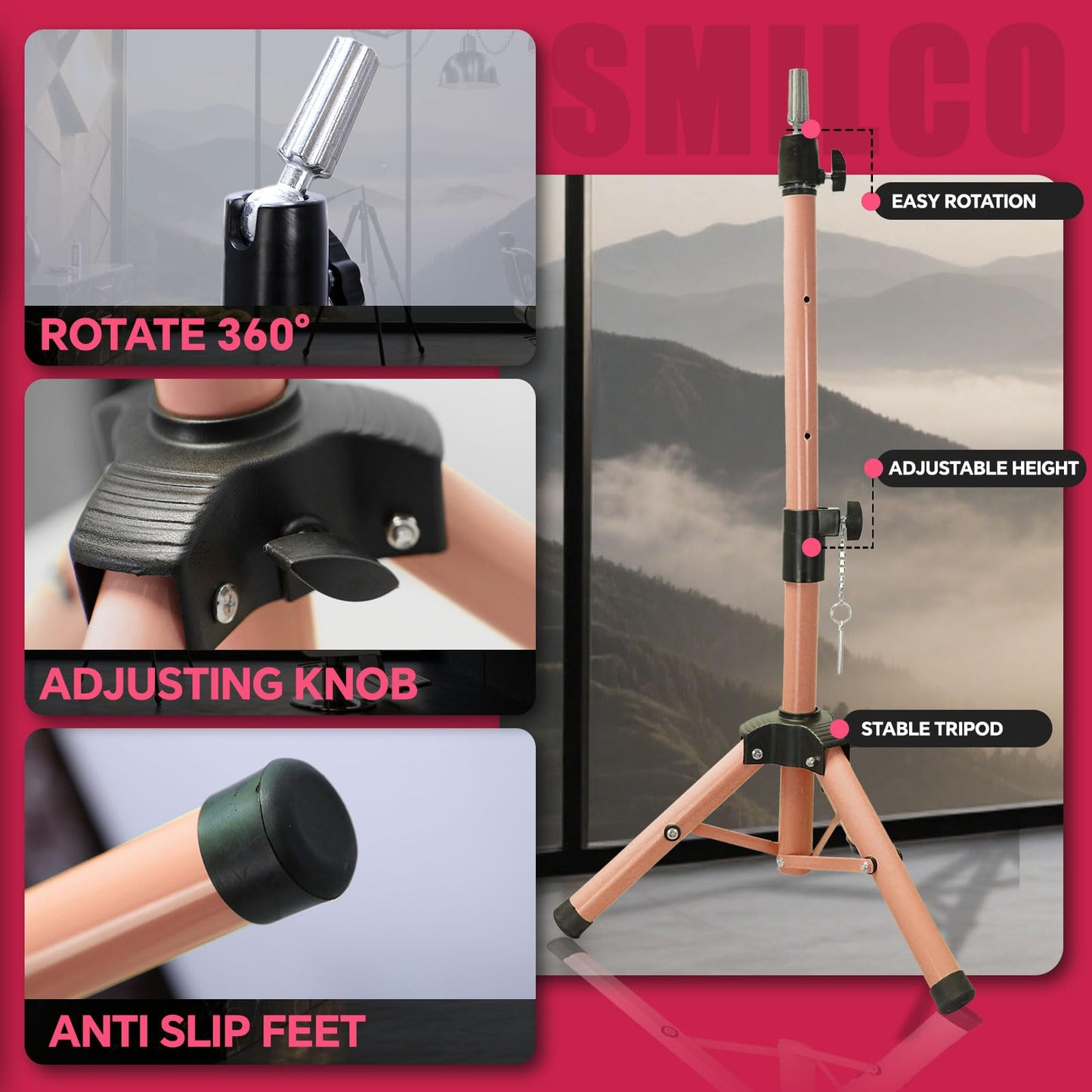 Smilco Mannequin Head Stand,Adjustable Wig Stand Tripod,Heavy Duty Wig Head Stand for Cosmetology Hairdressing Training