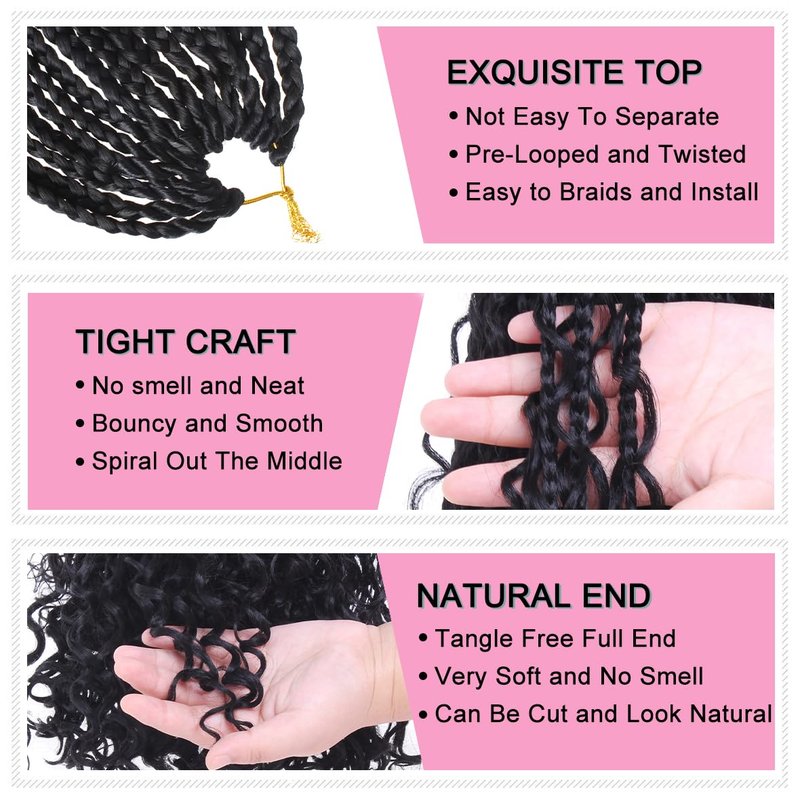 COOKOO 30 Inch Bohemian Box Braids Crochet Hair 8 Packs Hippie Goddess Box Braids Crochet Hair With Curly Ends Pre-looped Braiding Hair for Black Women 1B#