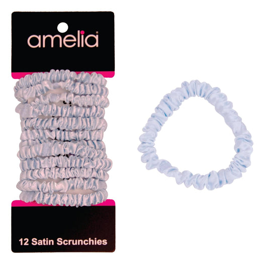 Amelia Beauty, Black, Skinny Satin Scrunchies, 12 Pack – 2in Diameter, Gentle & Strong Hold, No-Snag, No-Dent, Crease-Free Hair Ties