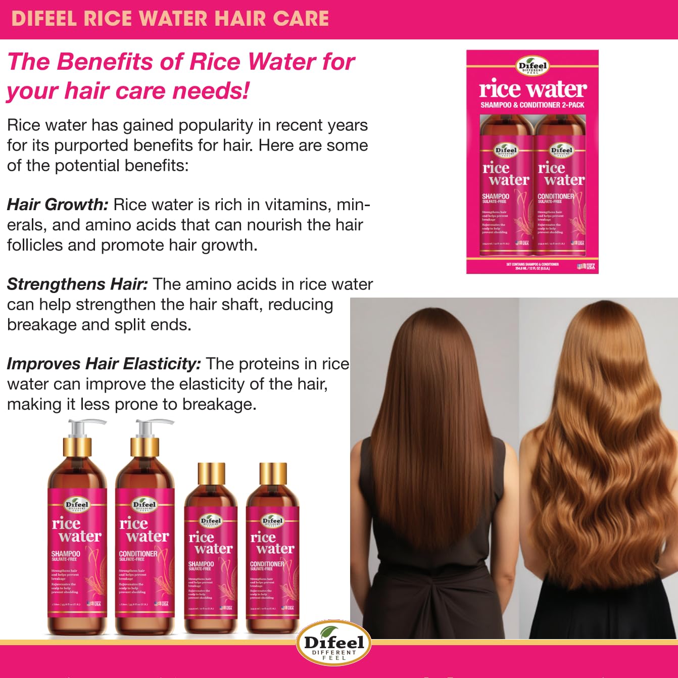 Difeel Rice Water Leave-in Conditioning Spray 8 oz. - Spray Leave in Conditioner For Dry Damaged Hair
