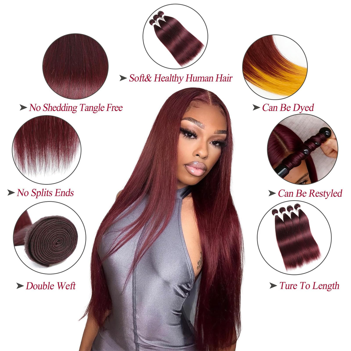 REMY HAIR Straight Human Hair Bundles 99J Burgundy Bundles 1 Bundle 14 Inches 100% Human Hair