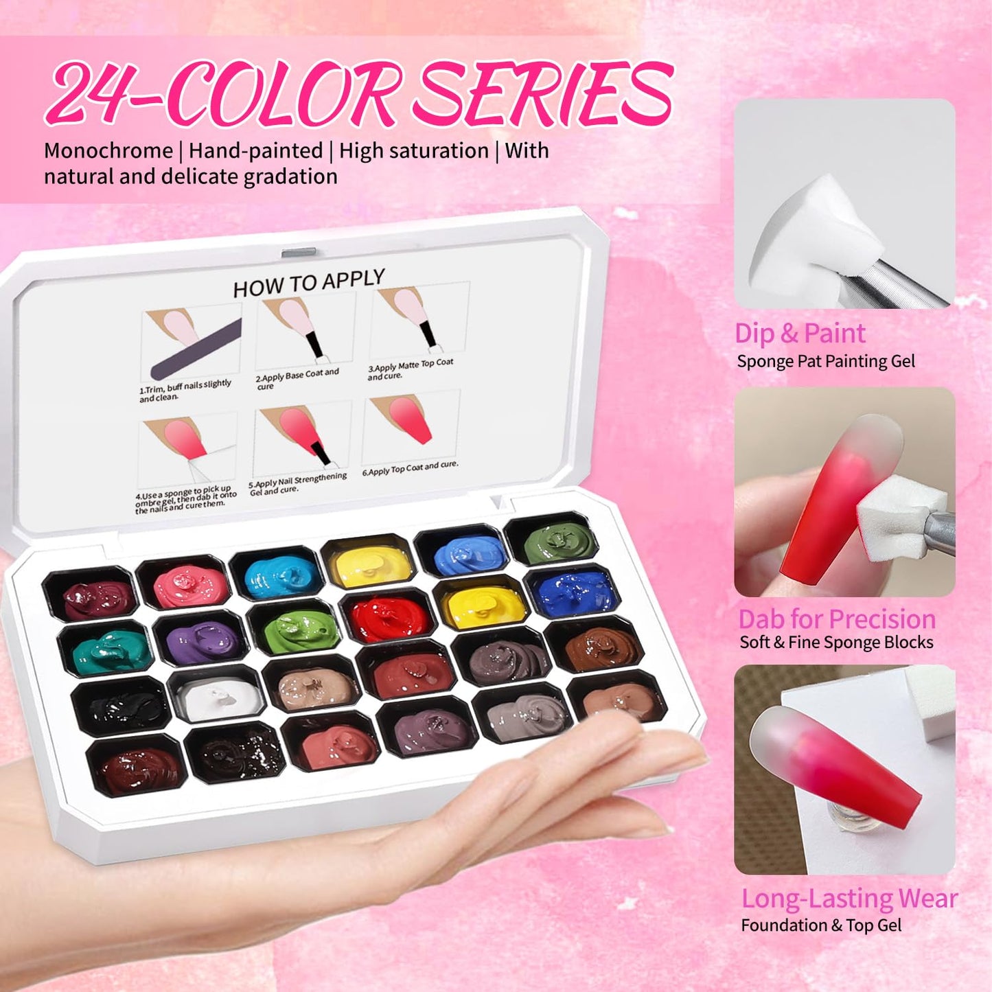 finger secret 24 Colors Ombre Gel Nail Polish Set,Ombre Pigment for Nails,Gradient Painting Blooming Gel with 100Pcs Nail Sponges for 3D Gels Nail Art can be Painted in Salon or Home Use