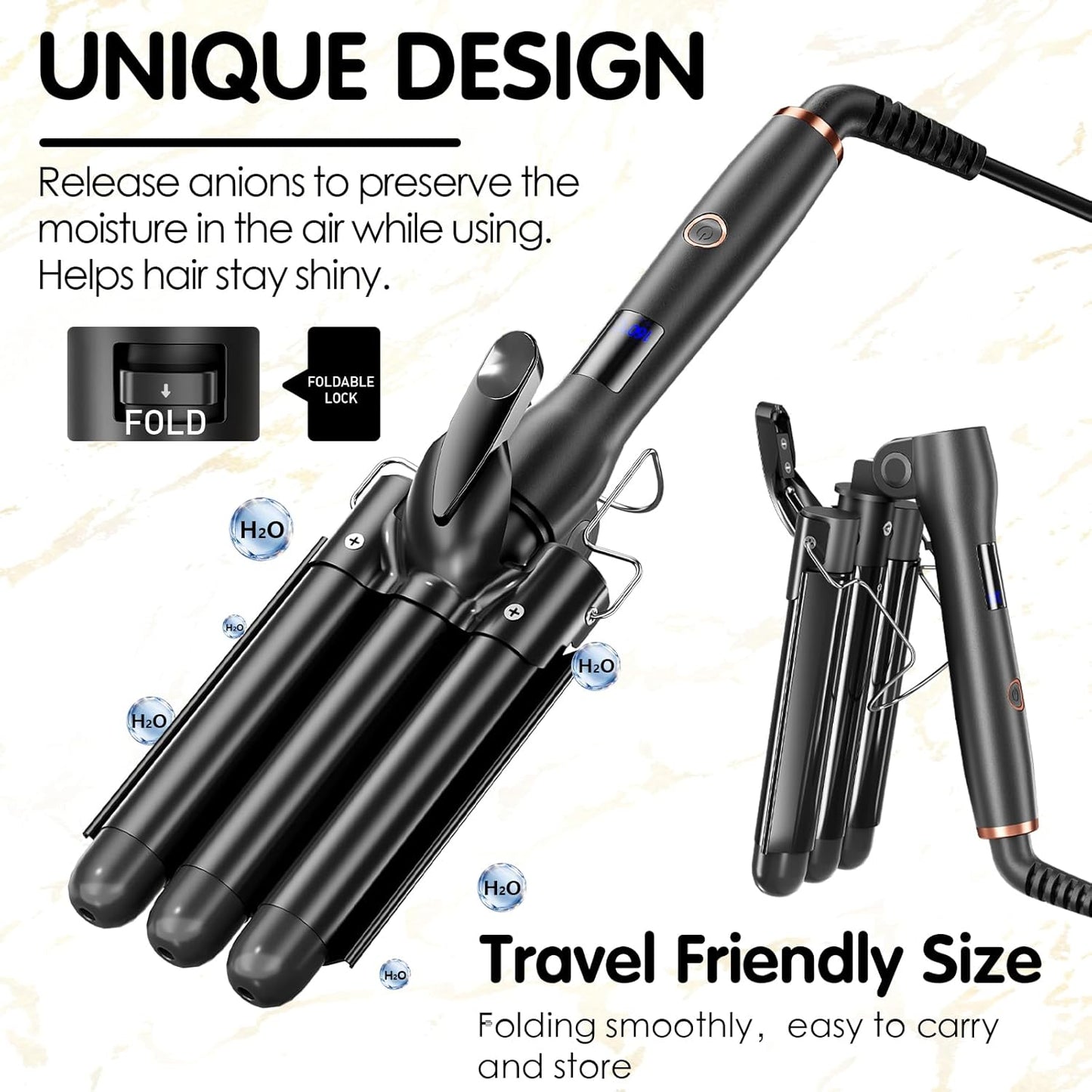 3 Barrel Beach Wave Curling Iron - 1 Inch Hair Crimper with Adjustable Temperature & Quick Heat-Up | Foldable Design