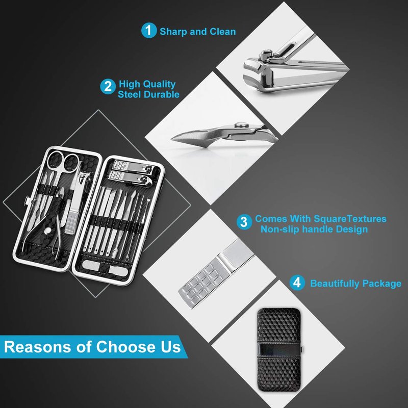 Yougai Nail Clippers Set - 18 Pcs Professional Manicure Pedicure Kit Gifts for Fathers Day Men Women, Stainless Steel Fingernail Toenail Cutters, Nail Care Grooming Tools with Leather Travel Case