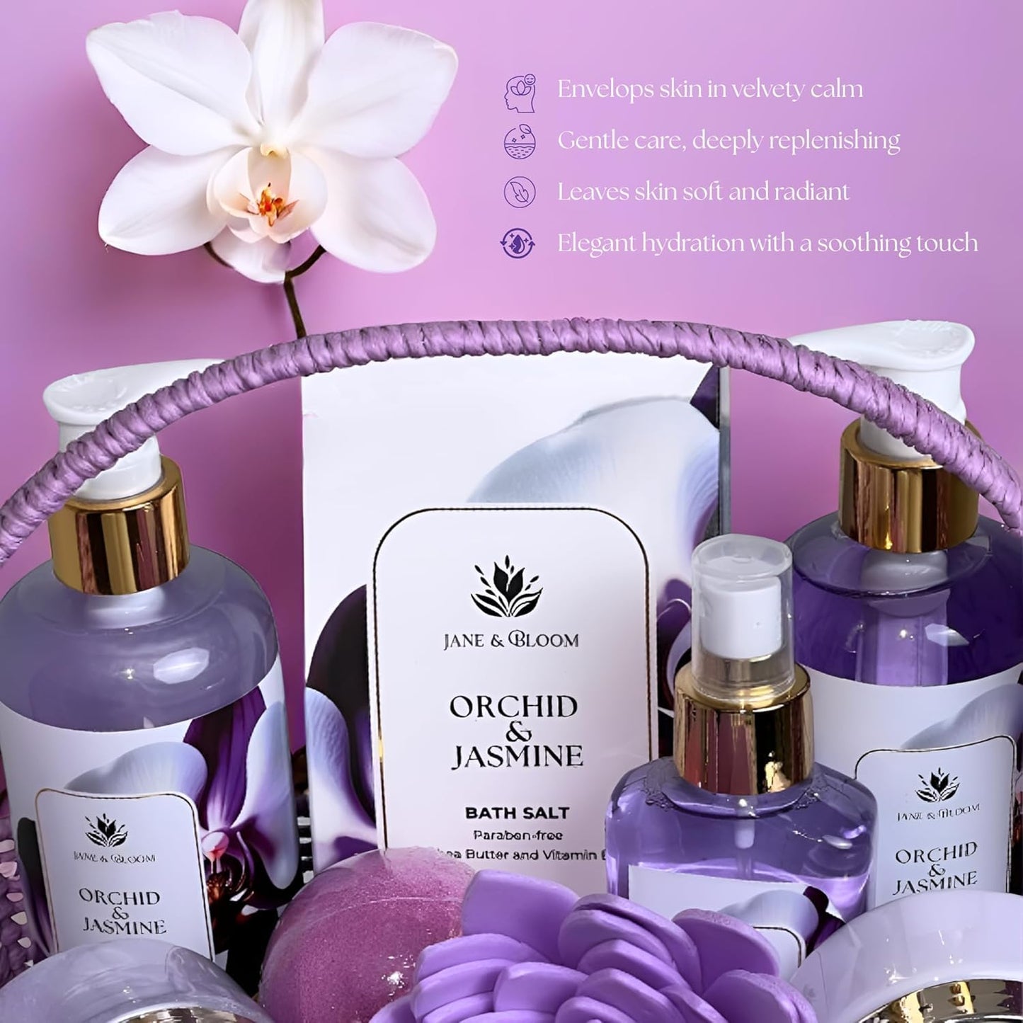 Christmas Bath Spa Gifts for Women - 9-Piece Luxury Bath & Body Set | Orchid & Jasmine Shower Gel, Bubble Bath, Lotion & More