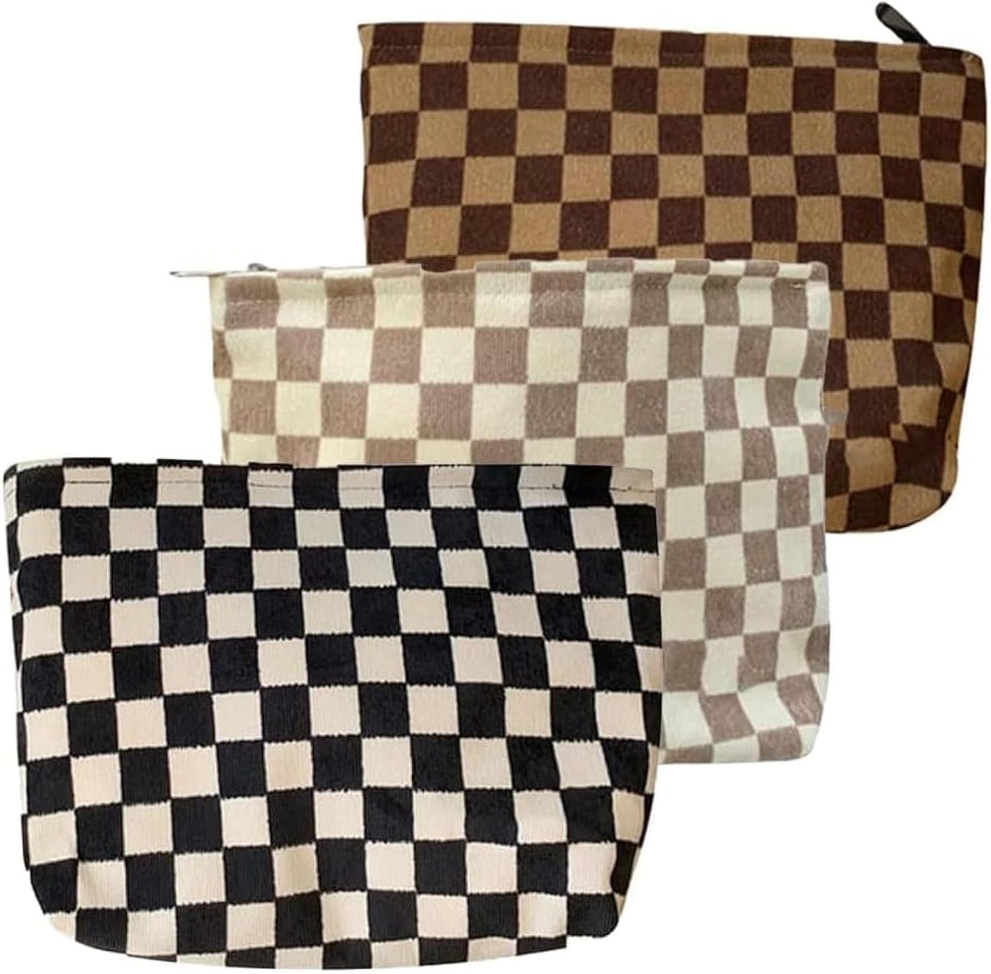 BIVIZKU Travel Checkered Makeup Bag, Corduroy Cosmetic Bag for Purse, Small Cosmetic Zipper Pouch Cute Travel Checkered Makeup Bag Gift for Women,Girls (3 pack)