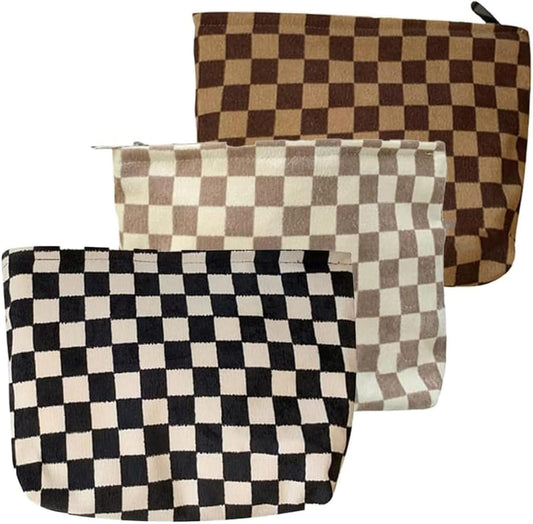 BIVIZKU Travel Checkered Makeup Bag, Corduroy Cosmetic Bag for Purse, Small Cosmetic Zipper Pouch Cute Travel Checkered Makeup Bag Gift for Women,Girls (3 pack)