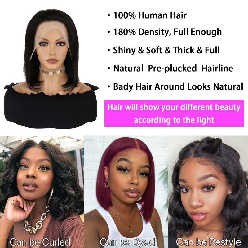 Short Bob Wig Human Hair 13x4 HD Transparent Lace Front Wigs Human Hair Pre Plucked with Baby Hair Glueless Wigs Human Hair 180% Density Straight Frontal Lace Wigs for Women Natural Color 8 Inch