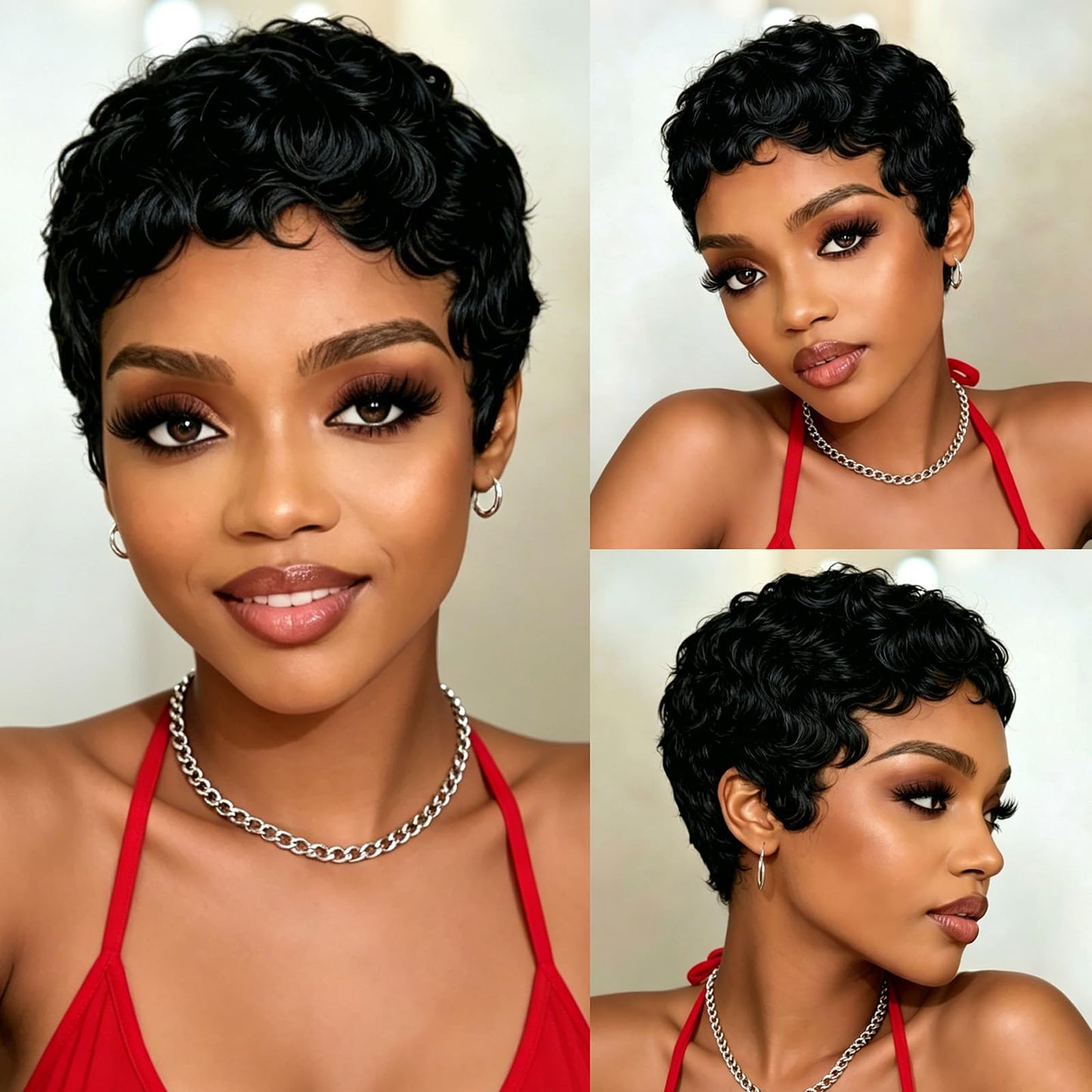 CRYSTALHAIR Short Curly Pixie Cut Wigs for Black Women, Loose Wave Short Curly Pixie Cut Wig Brazilian Virgin 100% Human Hair Wear and Go Glueless Layered Pixie Curly Wigs With Bangs for Daily Use