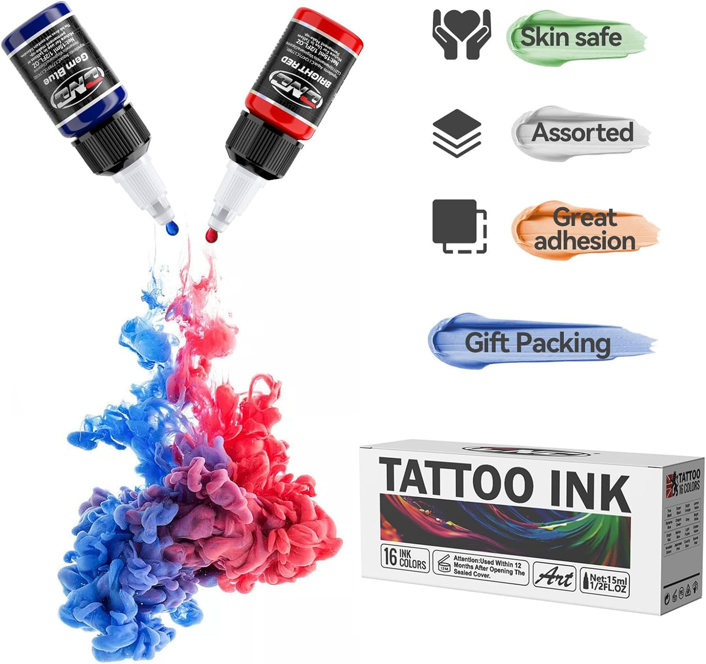 CNC Tattoo Ink Set - 16 Color Pigment Kit for Lining & Shading | 1/2oz (15ml) Bottles