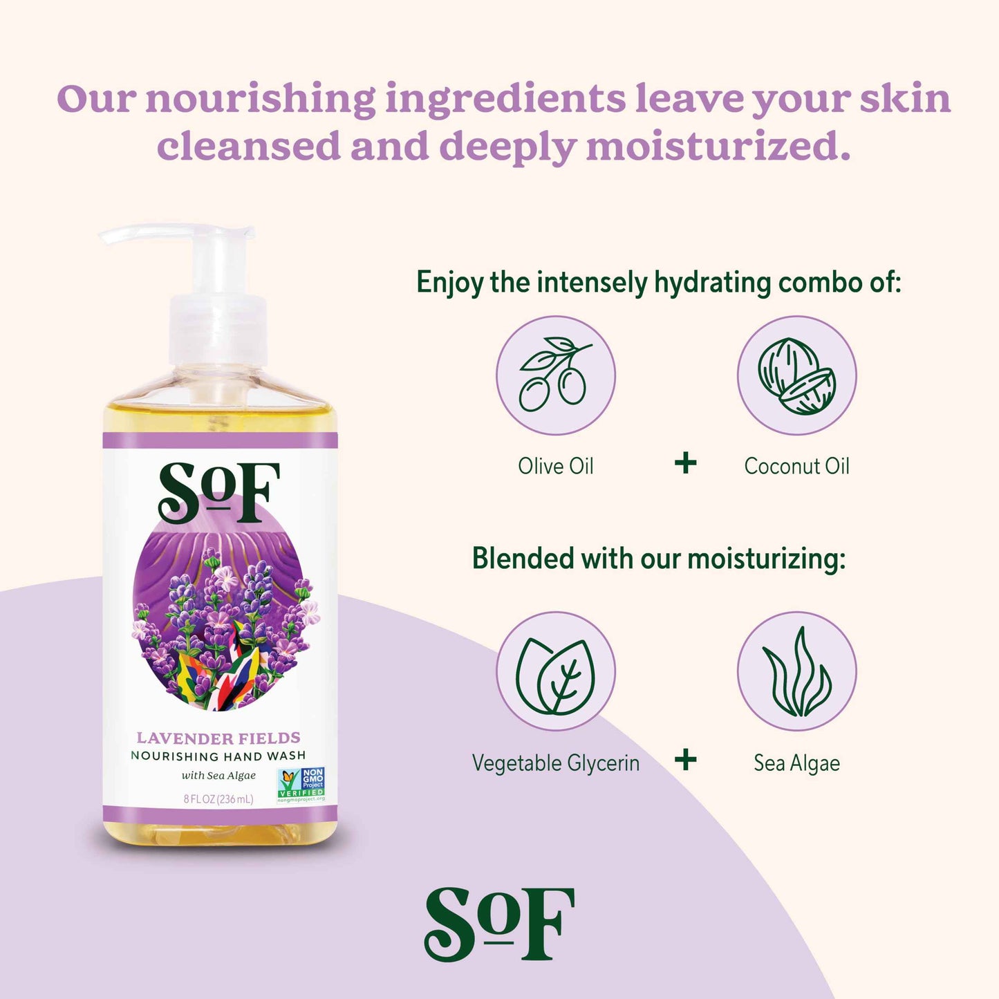 SoF Nourishing Hand Wash - With Moisturizing Sea Algae, Coconut & Olive Oil- Vegan & Non GMO- Free From Phthalates, Sulfates & Parabens- Lavender Fields - 8 oz Bottle 3 Pack