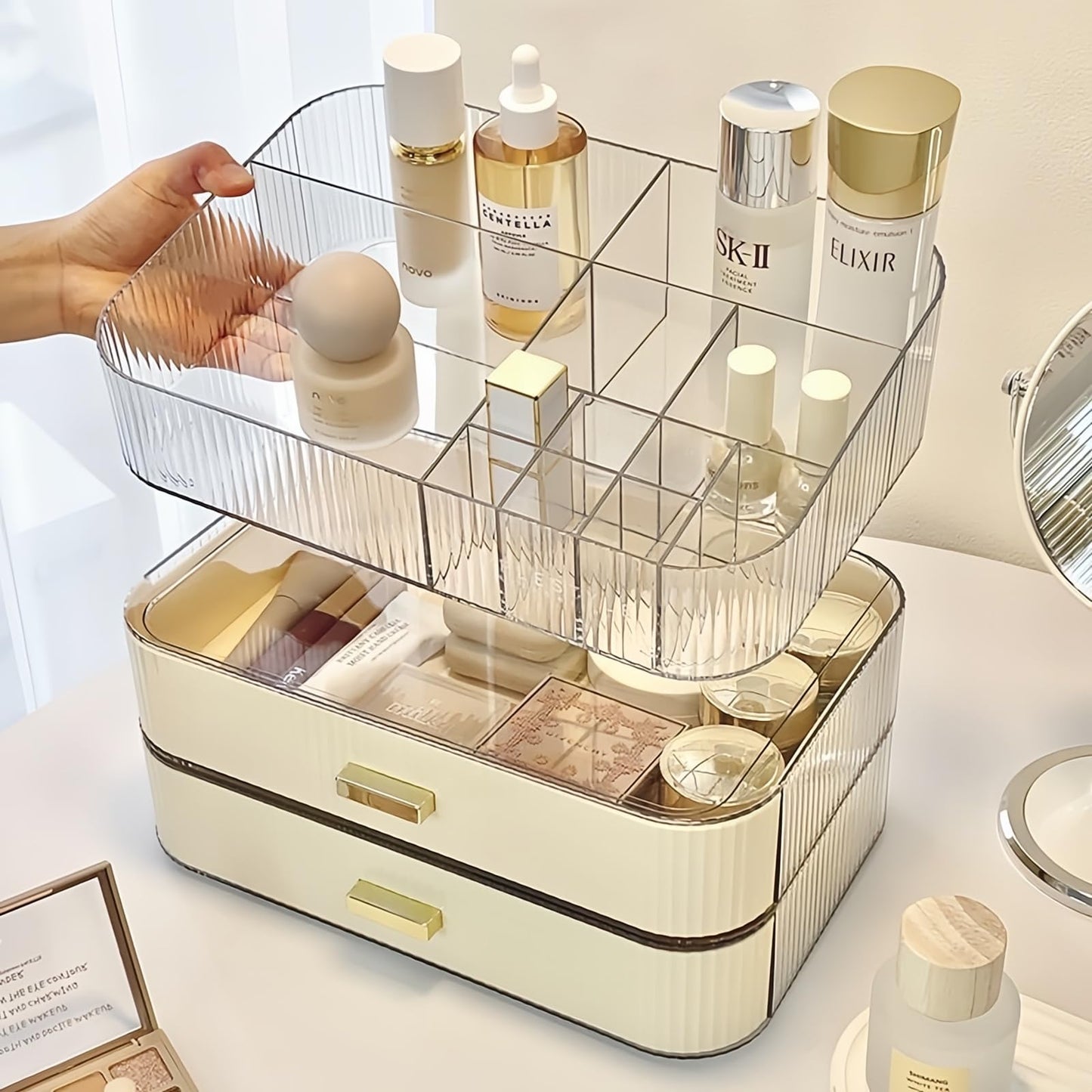 Makeup Organizer for Vanity, Stackable Cosmetics Organizer with Drawers, Countertop Storage for Makeup Palettes, Skincare, Beauty Supplies, Great for Vanity, Bathroom, Cabinet, Dresser Desk. Cream