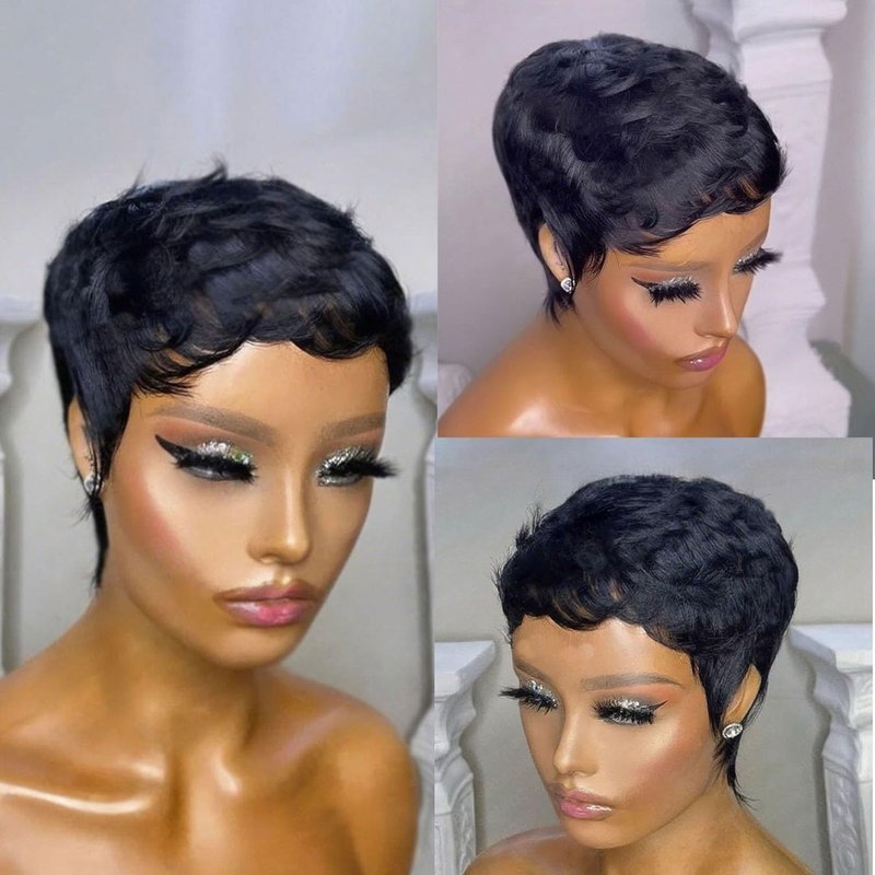 Pixie Cut Wig - Human Hair Short Layered Wig for Black Women | Glueless Full Machine Made with Bangs, Black Color