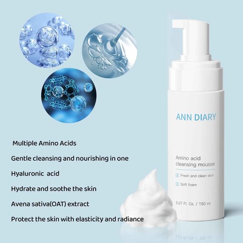 Amino Acid Cleansing Mousse: Hydrating Gentle Cleanser, Contains amino acids, Boosts Moisture and Helps Prevent Tight, Dry Skin, deeply cleanses pores,Washing Away Excess Oil, Impurities & Makeup150ML