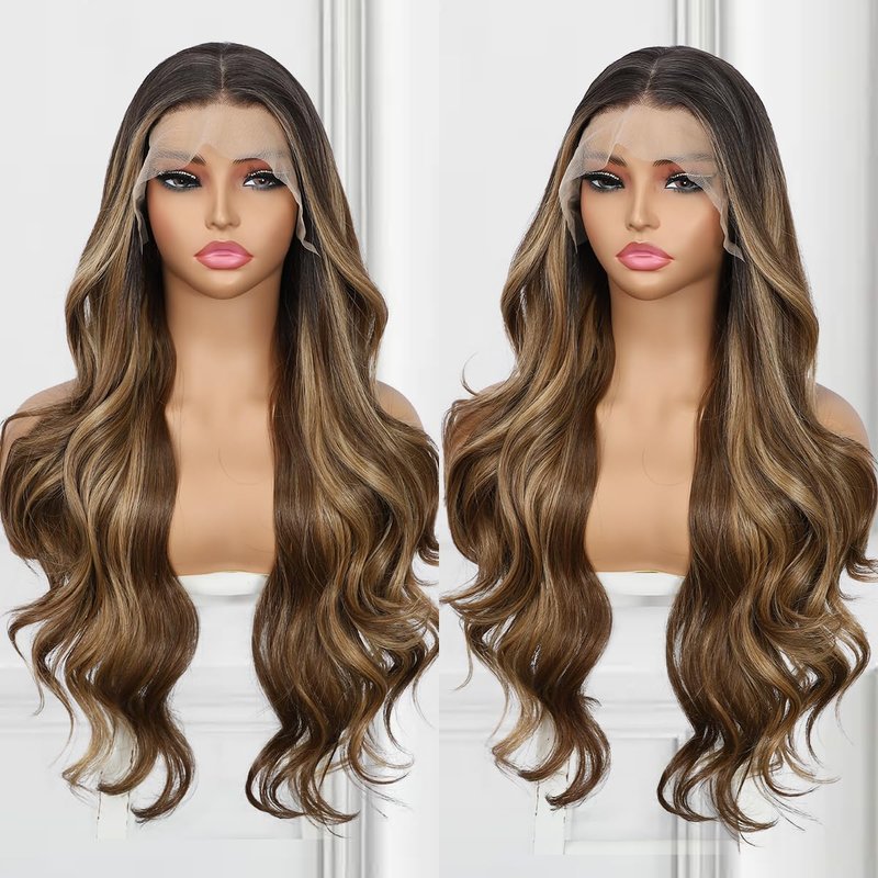 Brown Lace Front Wig - 13x4 Body Wave Synthetic Hair, Honey Brown Highlights | 26 Inch, Pre-Plucked, Heat Resistant