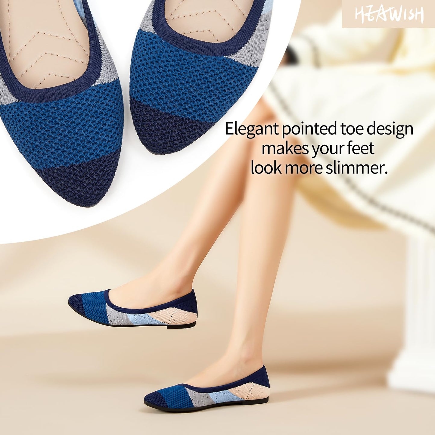 HEAWISH Women’s Ballet Flat Flats Shoes Comfortable Mesh Pointed Toe Slip On Dress Shoes(Blue,US11)