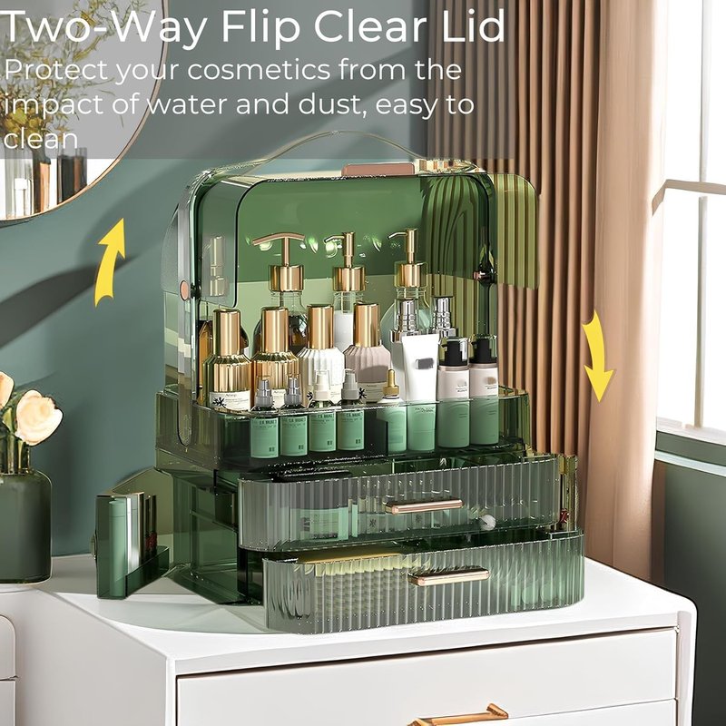 Makeup Organizer, Waterproof & Dustproof Cosmetic Display Cases with 2-Layer and Transparent Cover, Skincare Display Boxes,Makeup Caddy Holder for Vanity Countertop, Bathroom, Dresser, Bedroom, Green