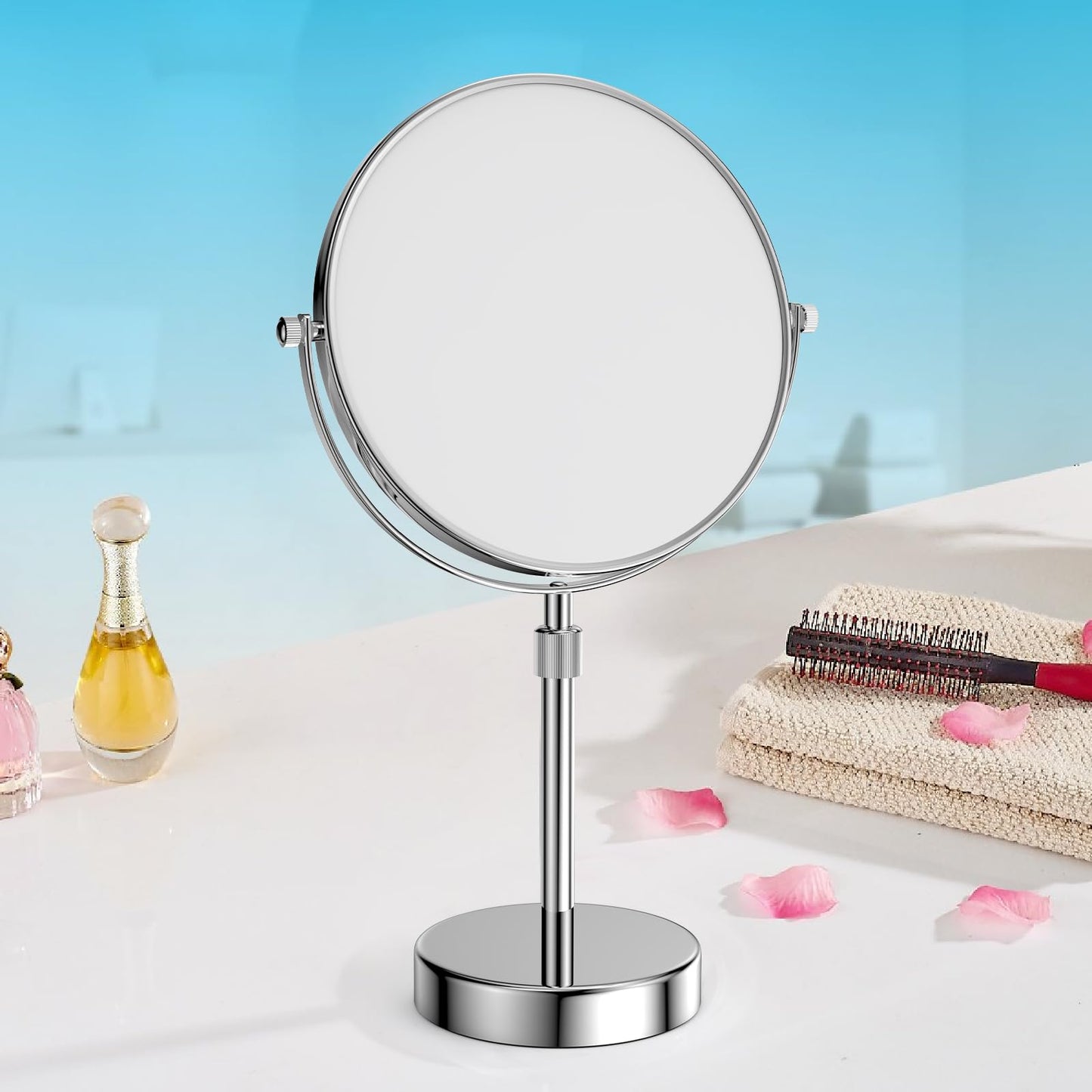 Nicesail Makeup Mirror Tabletop 8 Inch Double-Sided with 7X Magnification, Magnifying Mirror with Pedestal for Shaving Mirror, Height Adjustable for Make up Vainity Table, Chrome Finish (8 Inch, 7X)