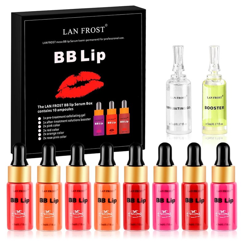 BB Lips Serum Starter Kit - Semi-Permanent Makeup Treatment with 4 Liquid Lip Pigments & Exfoliating Gel