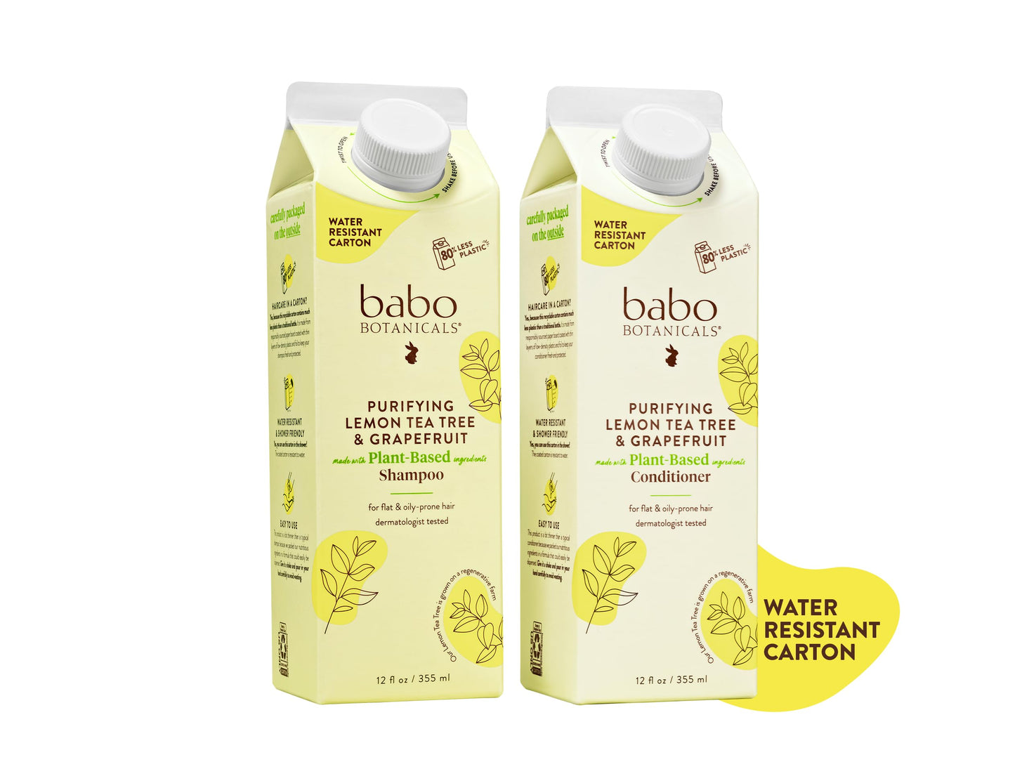 Babo Botanicals Purifying Lemon Tea Tree & Grapefruit Shampoo & Conditioner – For Flat, Oily Prone Hair - Passion Fruit Ferment for scalp - Water-Resistant Carton w. 80% Less Plastic – Vegan
