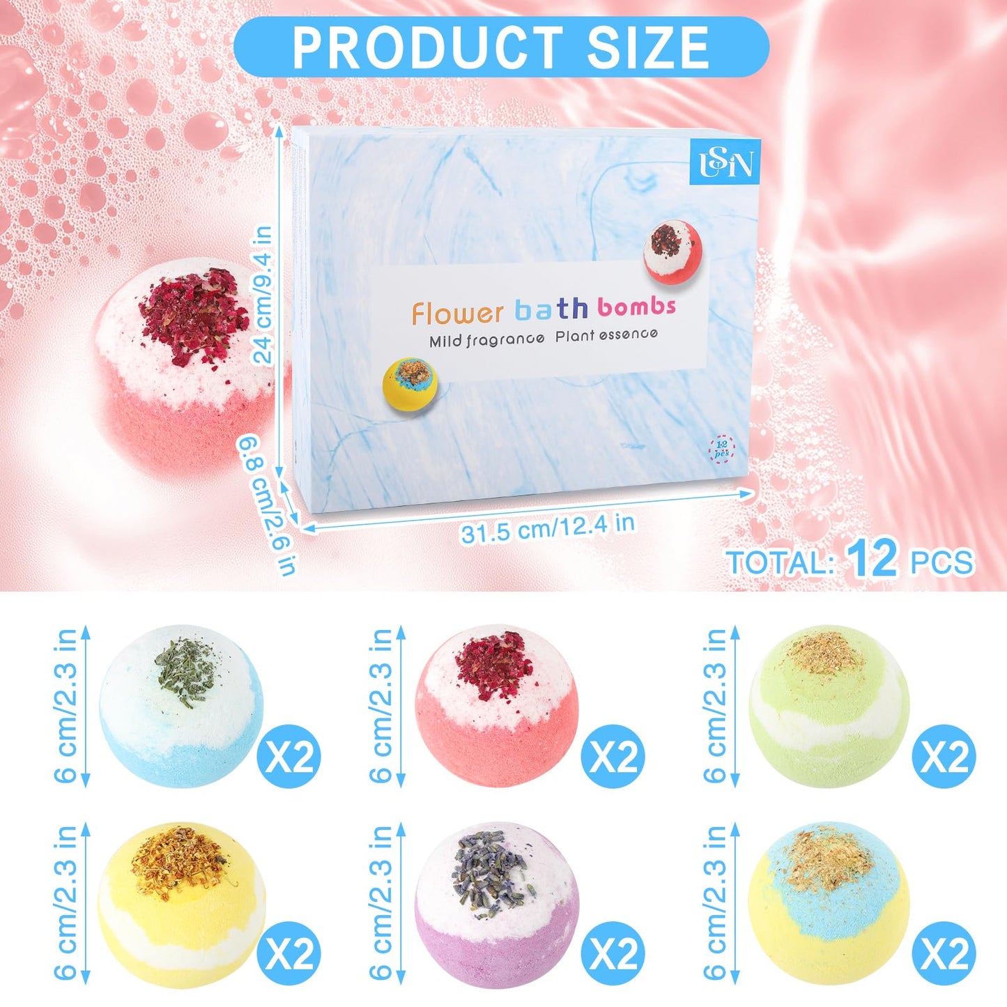 Bath Bombs for Women, USIN Natural Bubble Bath Balls Gift Set, Pack of 12 Pcs Multiple Bath Bomb, SPA Relaxing, Self Care, Gifts for Women, Men, Girls, Boys, Natural Flower Petals, 3.53 Oz Large Size