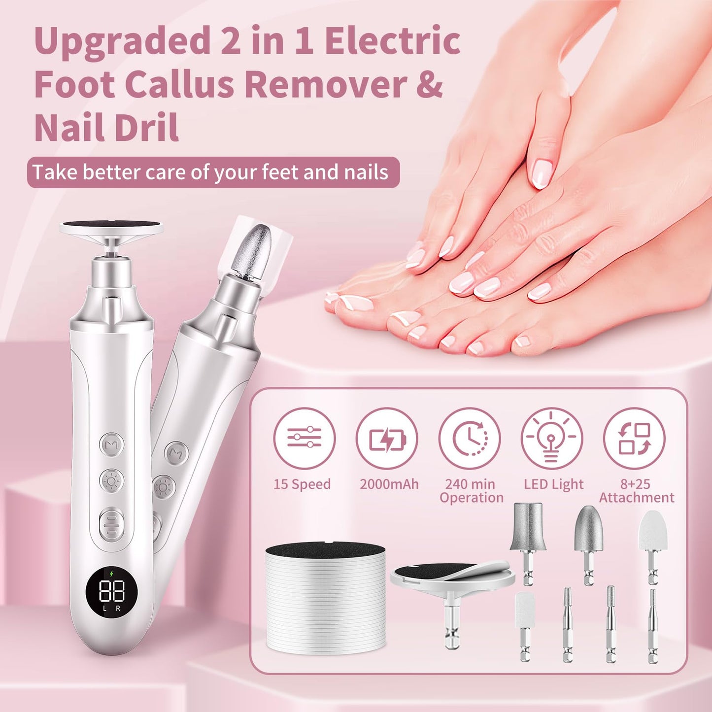 Electric Nail Drill Kit, Cordless Manicure Pedicure Kit with Memory Modes, 15 Speed Portable Nail Drill Machine, Callus Remover with 25Pcs Sandpaper Discs,Hand Foot Care Tool for Thick Nail Toenail