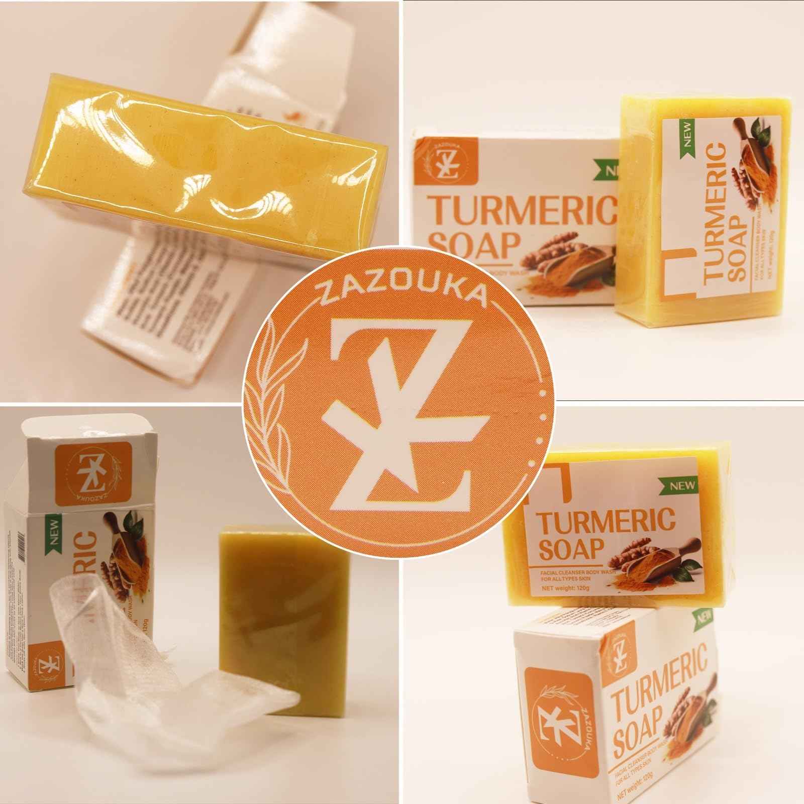 Zazouka Beauty Natural Turmeric Soap Bar, Face & Body Cleanser, Skin Lightening & Anti-Aging, 120g