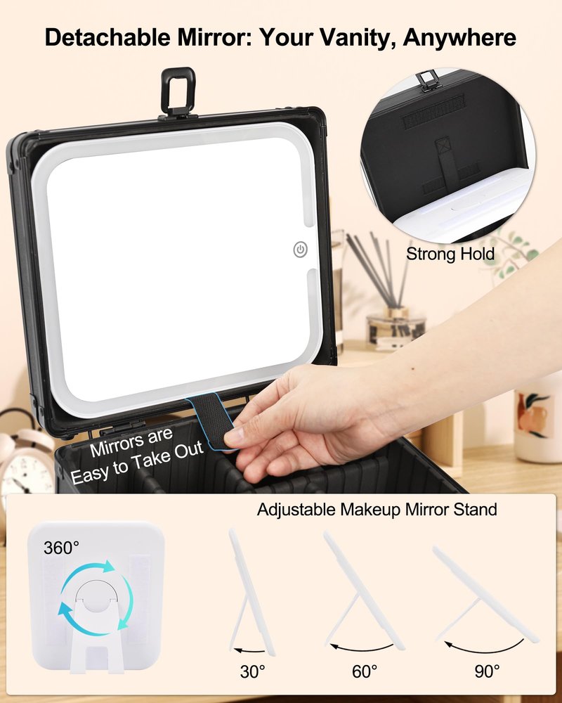 Makeup Case with Lighted Mirror, Travel Makeup Box with LED Mirror Makeup Organizer Bag Portable Cosmetic Train Case Makeup Artist Storage Bags with Adjustable Dividers Gifts for Women and Girls