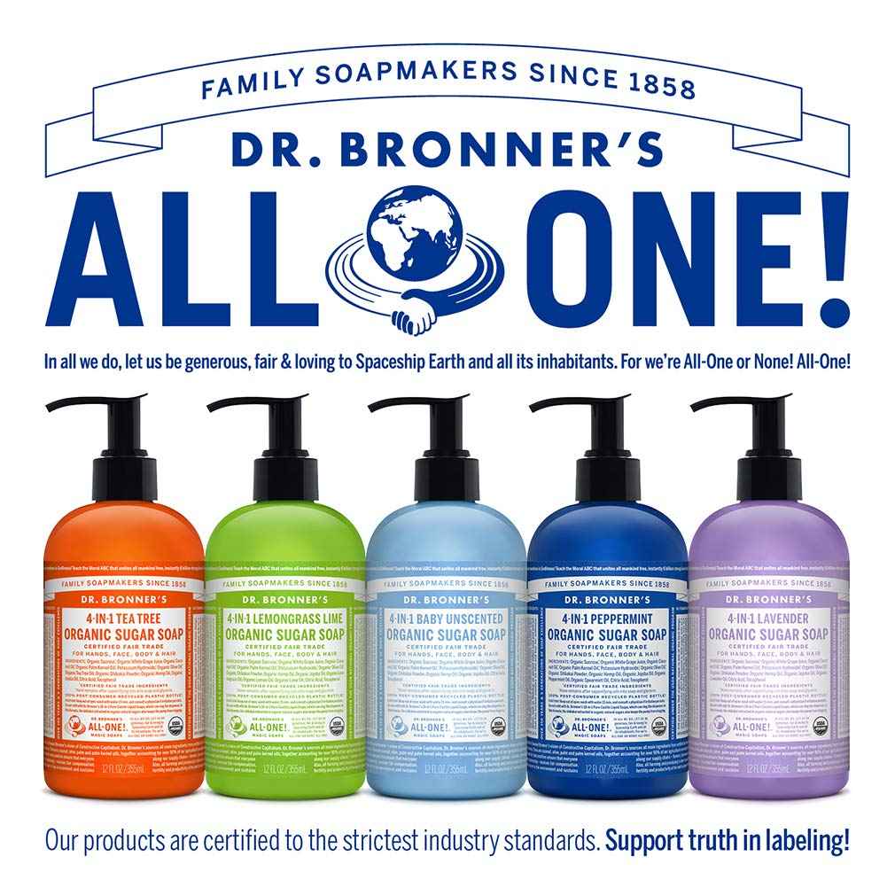 Dr. Bronner's - Organic Sugar Soap (Peppermint, 12 oz) - Made with Organic Oils, Sugar & Shikakai Powder, 4-in-1 Uses: Hands, Body, Face & Hair, Cleanses, Moisturizes & Nourishes, Vegan, Non-GMO