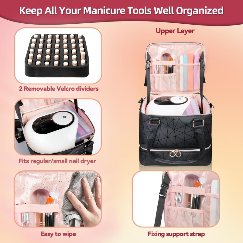 SIYNPAV Nail Polish Organizer Bag Holds 126 Bottles (15ml/0.5fl.oz)& Nail Lamp, 3 Layers Detachable Nail Kit Storage Case PU Leather, Large Travel Nail Supplies Shoulder Bag for Manicure Tools (Black)