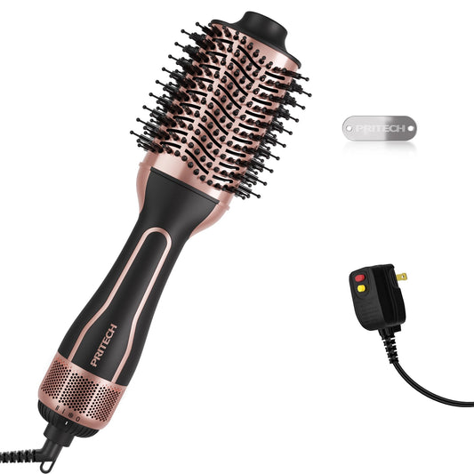 PRITECH 1000W Dual Voltage Ceramic Ionic Hair Dryer Brush,4-in-1 Hot Air Styler & One Step Volumizer for Straight & Curly Hair Salon (110-120V/220-240V),Black Gold