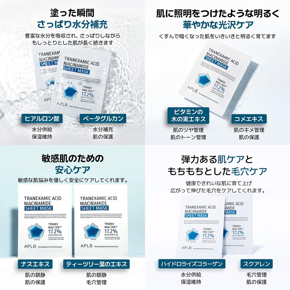 Tranexamic Acid Niacinamide Sheet Mask - 10 Pack | Korean Skincare for Blemish Care & Skin Discoloration
